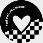 Logo of the Feel the Love Collection showing black and white checkered pattern with a central heart shape